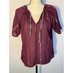 Ace & Jig Short Sleeve Top S Maroon Red Purple Metallic Stripe Blouse